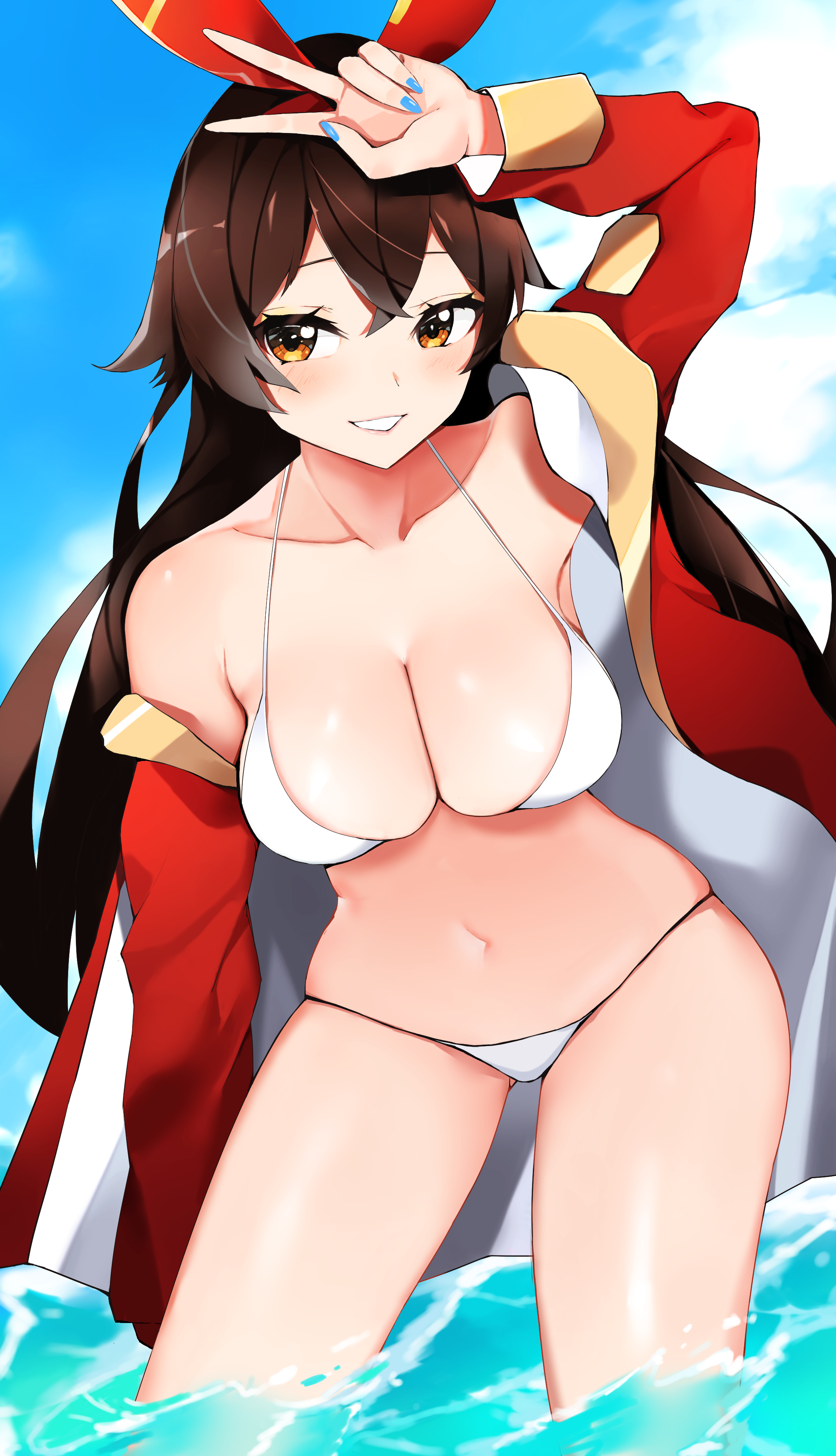 1girls, amber (genshin impact), bikini, breasts, cleavage, female, female only, genshin impact, hi res, medium breasts, mutsu ane daisuki, perky breasts, smile, v, white bikini