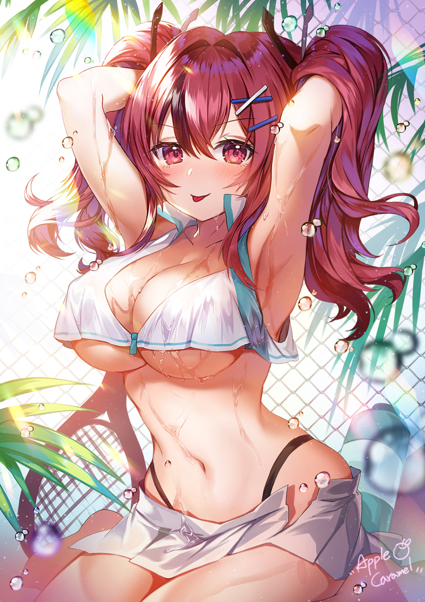 apple_caramel armpits arms_up artist_name azur_lane bangs bare_shoulders barefoot blurry blurry_foreground bottle bow breasts bremerton_(azur_lane) bremerton_(scorching-hot_training)_(azur_lane) chain-link_fence cleavage collarbone collared_shirt covered_erect_nipples crop_top crop_top_overhang day depth_of_field eyebrows_visible_through_hair female fence hair_between_eyes hair_intakes hair_lift hair_ornament hairclip highleg highres large_breasts long_hair looking_at_viewer midriff miniskirt multicolored_hair navel no_bra no_mole open_clothes open_skirt panties pink_hair plant pleated_skirt racket red_eyes red_hair shirt signature sitting skirt sleeveless sleeveless_shirt smile solo sportswear stomach sunlight tennis_racket tennis_uniform thighs tongue tongue_out twintails two-tone_hair underboob undersized_clothes underwear water water_bottle wet wet_clothes wet_panties wet_shirt white_shirt white_skirt x_hair_ornament