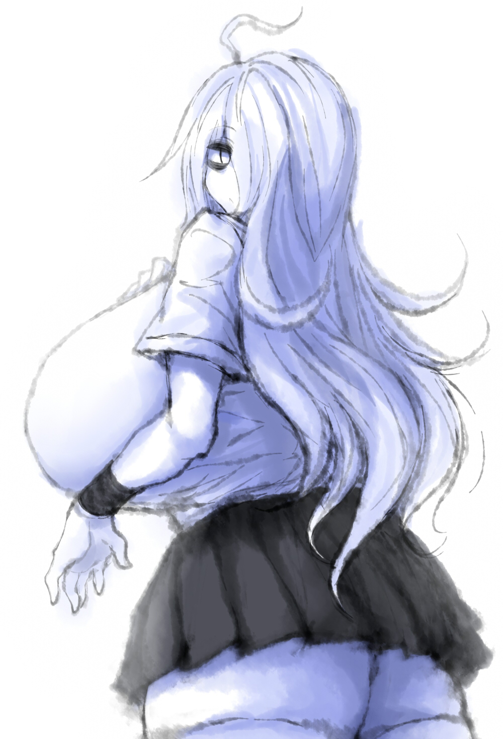 1girls, 2b213, ahoge, ass, bags under eyes, black skirt, bowtie, breasts, clothed, curvy, female, female only, hair over one eye, huge breasts, large ass, long hair, looking back, mei (2b213), one eye covered, school uniform, sideboob, simple background, skirt, solo, standing, thick, thick thighs, thighhighs, white background, white hair