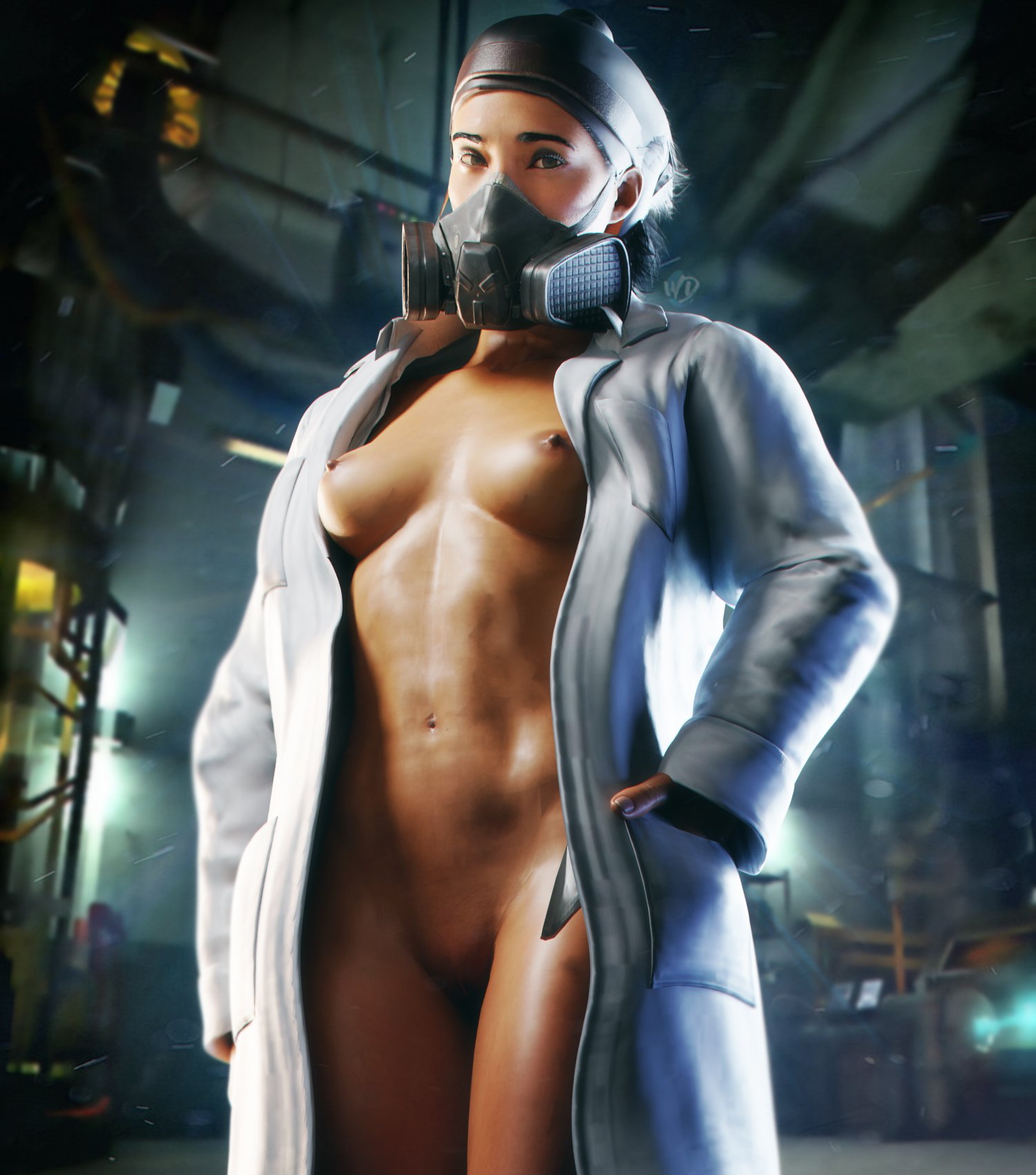 1girls, 3d, alyx vance, alyx vance (half-life:alyx), breasts, casual, clothing, dark skin, dark-skinned female, facewear, female, female only, half-life (series), half-life 2, half-life: alyx, headwear, human, human female, human only, labcoat, mostly nude, nipples, no bra, no panties, outerwear, solo, valve corporation, wunder