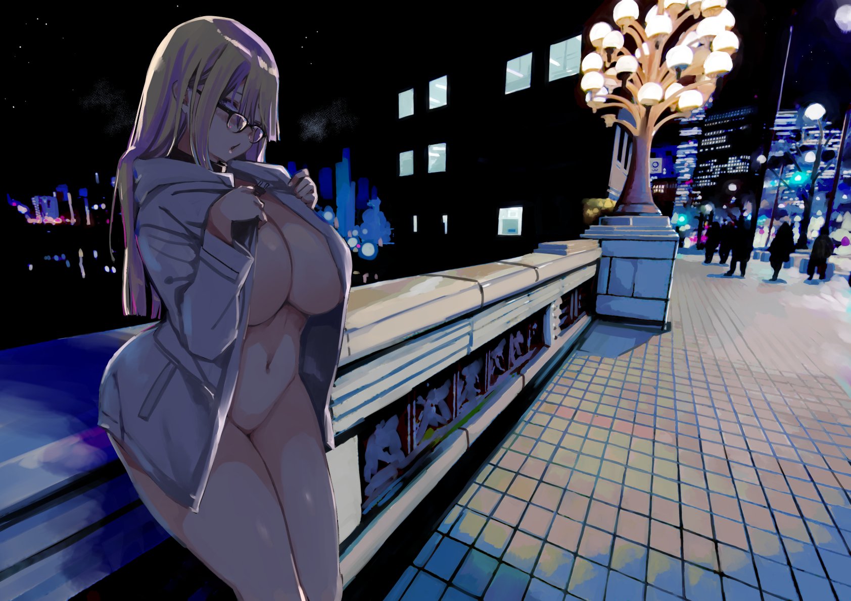1girls, achumuchi, ass, belly button, big breasts, blonde hair, breasts, busty, collar, dyed hair, exposed breasts, exposed pussy, female, female focus, female only, female pervert, glasses, huge ass, huge breasts, large breasts, long hair, mature female, mostly nude, pervert, presenting, public, public exposure, public nudity, pussy, solo focus, tagme, thick thighs, venus body