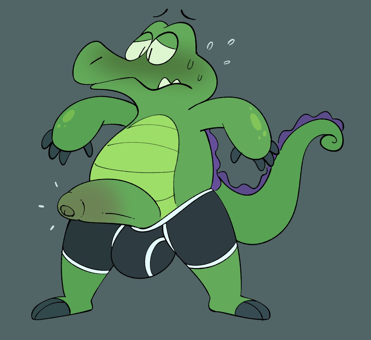 1boy alligator alligatorid balls balls_under_clothes big_balls big_penis birdvian black_underwear blush blushed blushing crocodile crocodilian green_body green_skin half-closed_eyes hi_res huge_cock long_tail male male_only multicolored_body multicolored_skin penis sharp_teeth simple_background solo solo_male standing swampy_(where's_my_water) tail underwear video_games where's_my_water