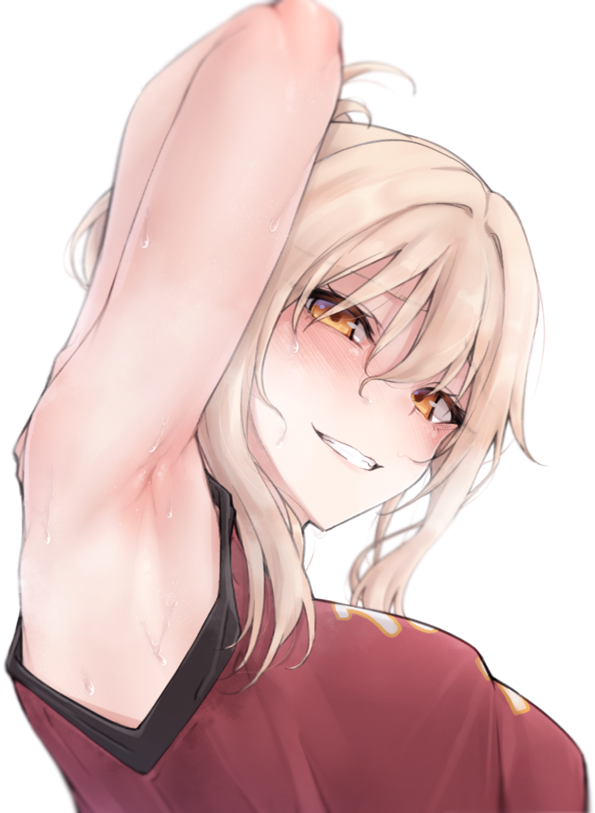 1girls, arm behind head, armpit focus, armpits, blonde hair, breasts, clenched teeth, commentary request, eyebrows visible through hair, eyes visible through hair, female, female only, highres, large breasts, looking at viewer, love live!, love live! nijigasaki high school idol club, medium breasts, miyashita ai, nasuno (nasuno42), sexy armpits, short hair, simple background, smile, solo, sweat, sweat stain, sweaty armpits, teeth, upper body, white background, yellow eyes