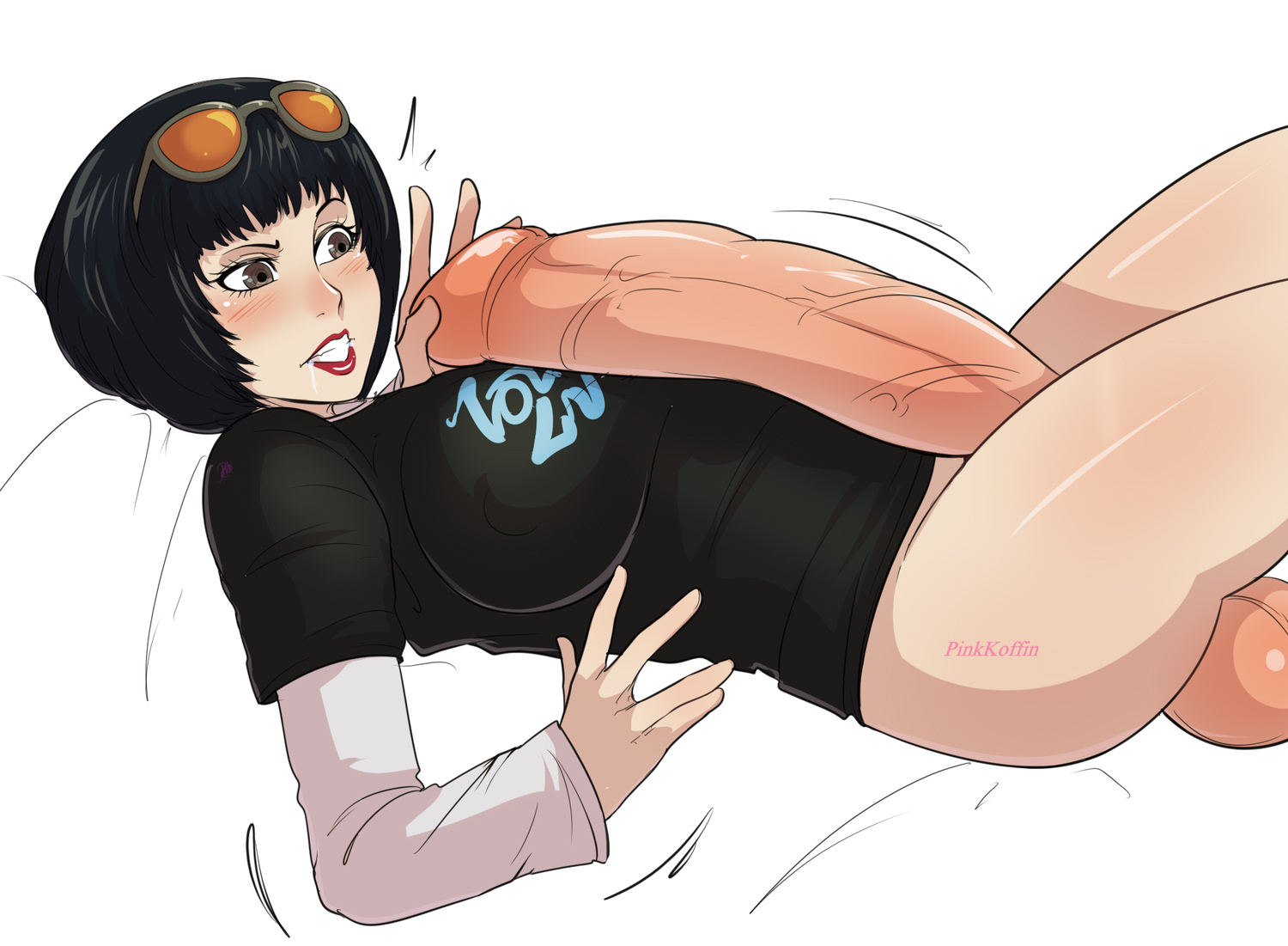 1futa, atlus, balls, big balls, big breasts, big penis, black hair, blush, bottomless, breasts, brown eyes, clothed, clothing, drooling, eyebrows raised, futa only, futanari, glasses, glasses on head, huge cock, huge penis, human, intersex, large breasts, light skin, light-skinned futa, lipstick, movement lines, no panties, no pants, ohya ichiko, on back, pale skin, partially clothed, penis, persona, persona 5, pinkkoffin, shirt, short hair, solo, touching penis, veiny penis