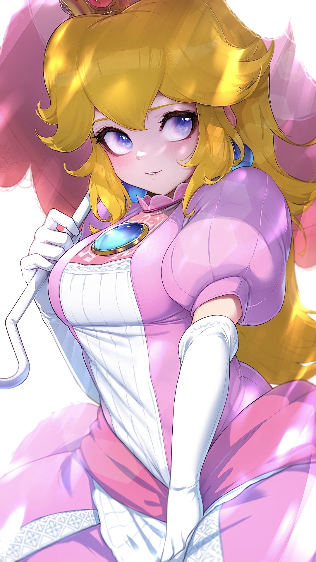 1girls, 2021, big breasts, blonde hair, blue eyes, blush, breasts, clothed, clothing, dress, earrings, elbow gloves, female, female only, fully clothed, gloves, hi res, high resolution, highres, hizake, holding object, kashu (hizake), long gloves, long hair, looking away, mario (series), nintendo, parted lips, pink dress, princess peach, simple background, smile, smiling, solo, standing, umbrella, white background