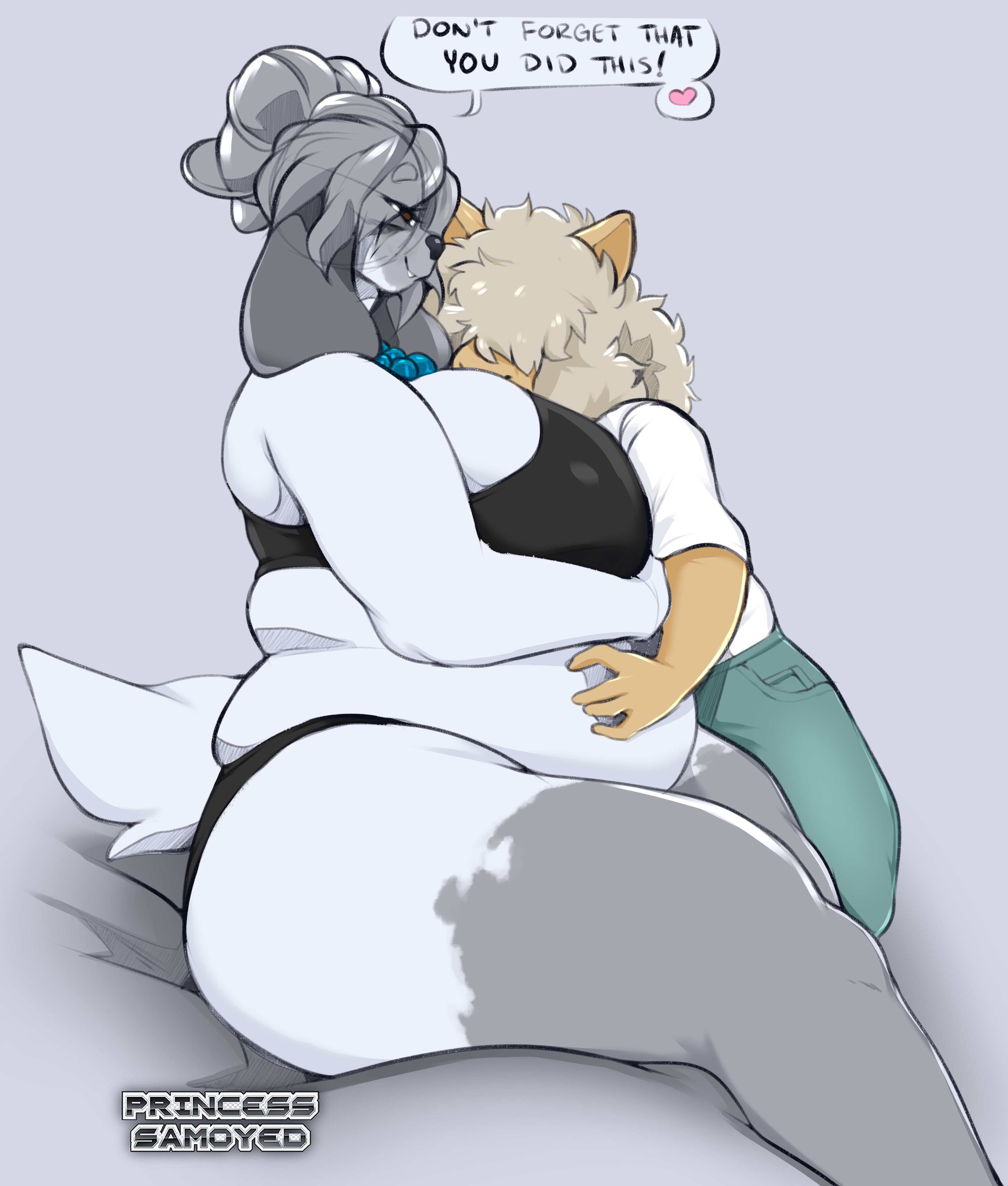 1girls, anthro, bbw, big breasts, breasts, female, furry, large breasts, overweight, overweight female, pregnant, princesssamoyed, speech bubble, text, thick thighs