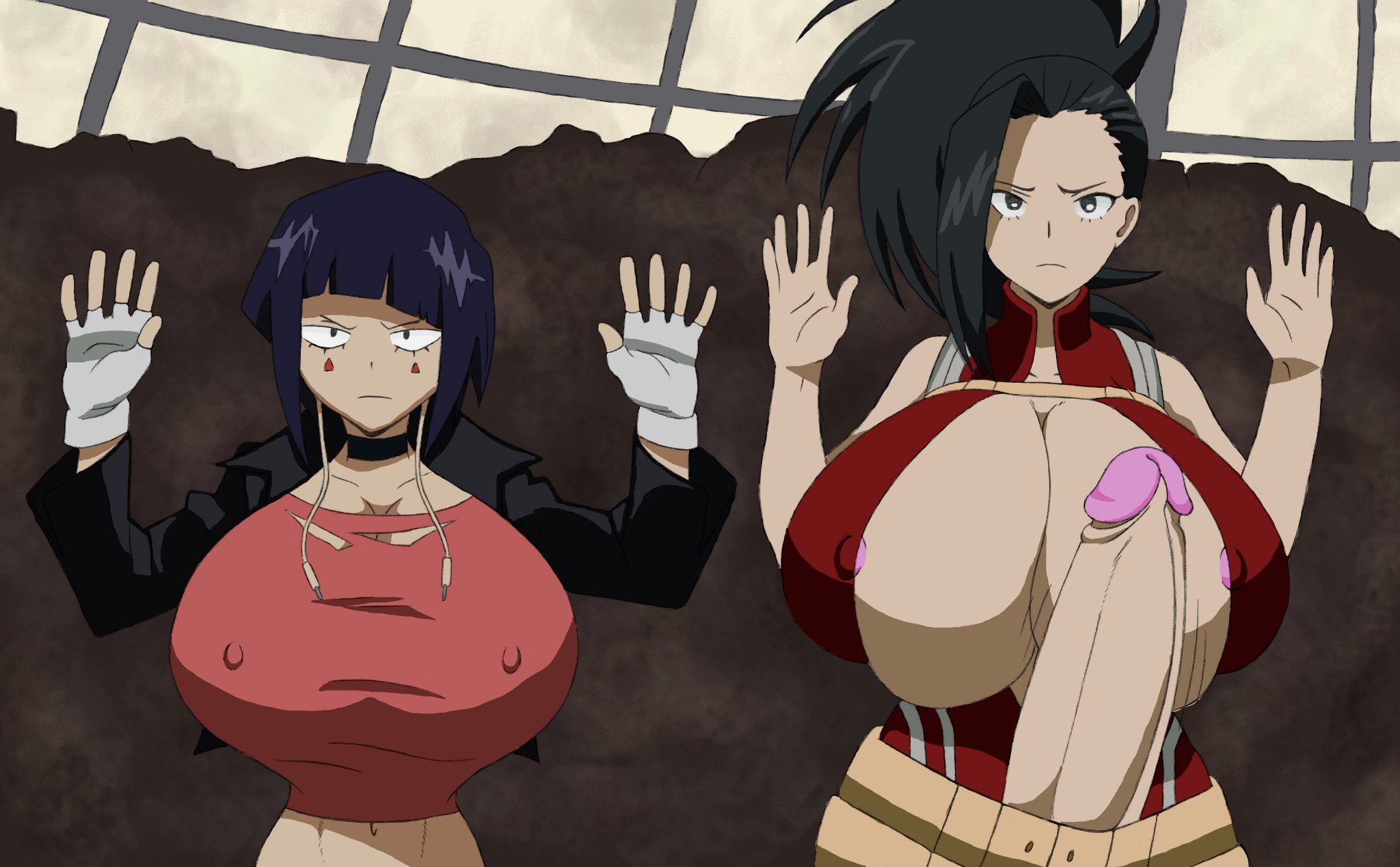 bananarama (artist), breasts, cleavage, colored, edit, futanari, hero outfit (mha), hyper, hyper breasts, intersex, kyoka jiro, momo yaoyorozu, my hero academia, nipple bulge, screenshot edit