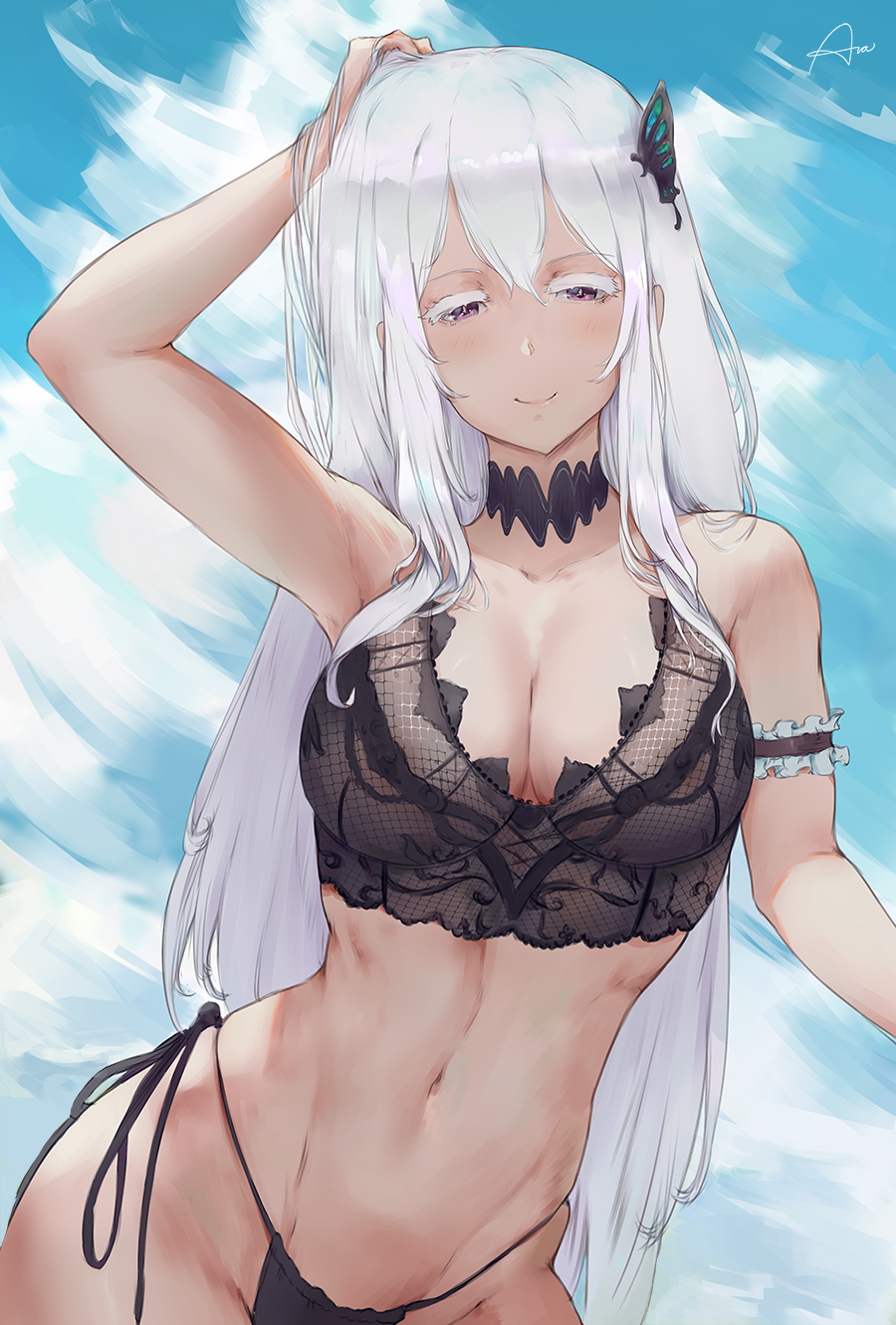 1girls, 2021, araneesama, artist name, black bra, black choker, black panties, bra, breasts, butterfly hair ornament, choker, cleavage, cutesexyrobutts (style), echidna (re:zero), eyebrows, eyelashes, female, female focus, female only, hair ornament, half-closed eyes, hand on head, hand on own head, long hair, looking at viewer, panties, purple eyes, re:zero kara hajimeru isekai seikatsu, smile, smiling, solo, solo female, solo focus, standing, white hair