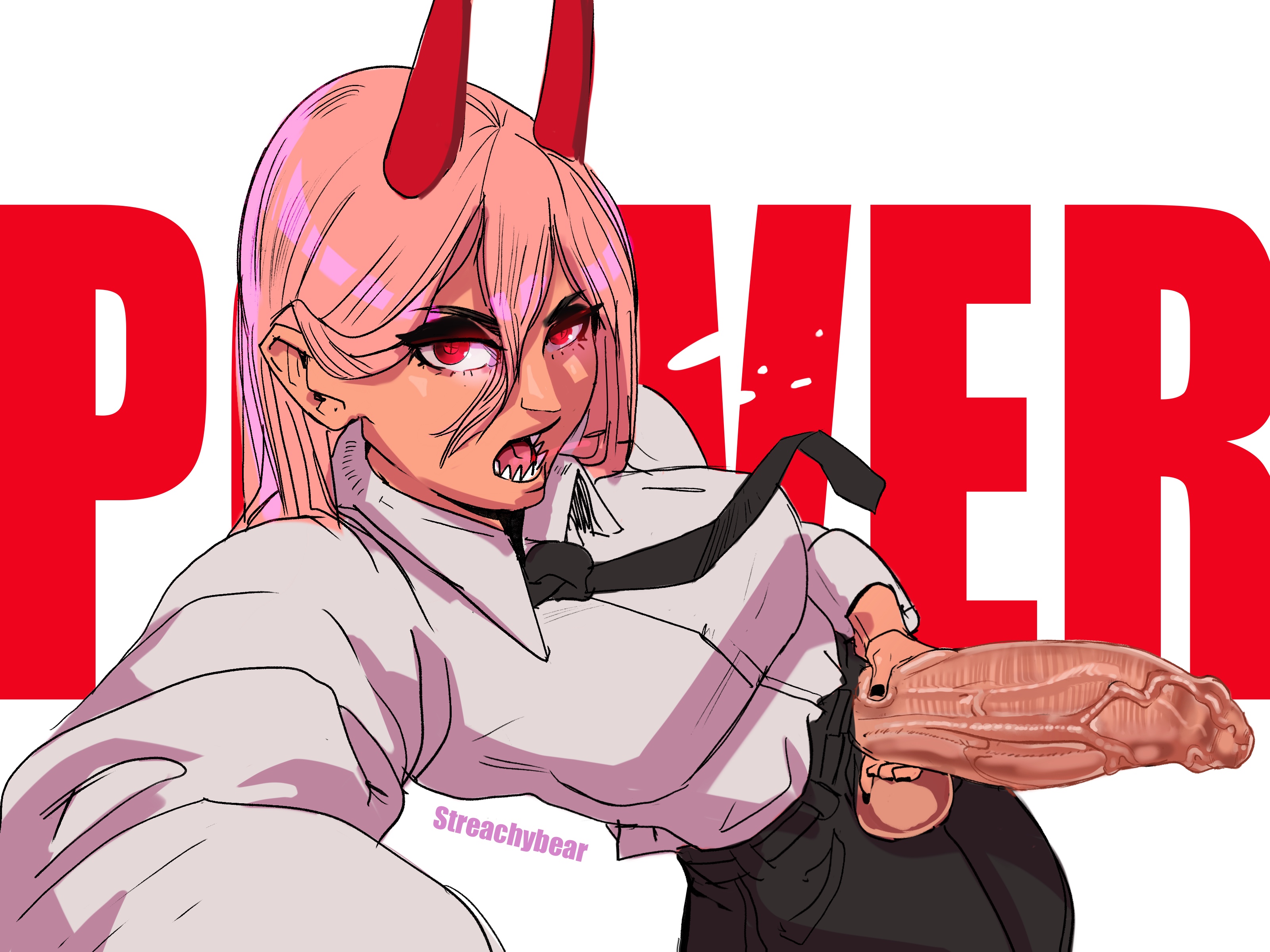 1futa, angry, angry expression, angry eyes, angry face, balls, big penis, breasts, chainsaw man, clothed, clothing, erection, futa, futa only, futanari, high-angle view, horns, huge cock, humanoid, humanoid penis, intersex, light skin, light-skinned futa, looking at viewer, mostly clothed, penis, penis out, pink hair, power (chainsaw man), sharp teeth, solo, standing, streachybear, text, tie, veins, veiny penis, white background
