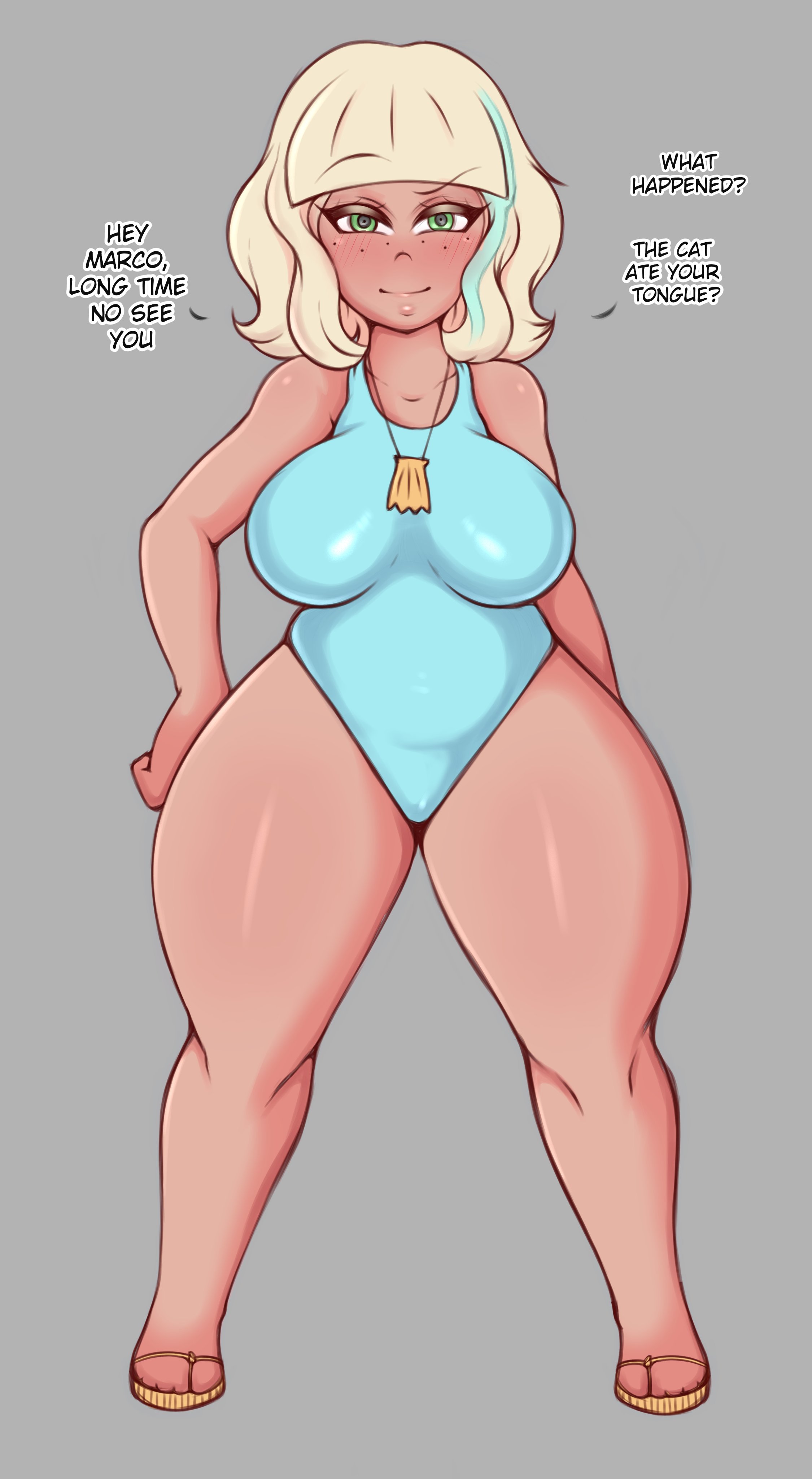 1girls, absurd res, big breasts, blonde hair, breasts, dark skin, dark-skinned female, dialogue, disney, disney channel, disney xd, english text, female, female only, green eyes, hand on hip, hi res, hourglass figure, impossible clothes, jackie lynn thomas, lips, looking at viewer, name drop, narrow shoulders, one-piece swimsuit, saltyxodium, seductive, seductive eyes, seductive look, seductive smile, short hair, simple background, smile, solo, star vs the forces of evil, straight hair, tan-skinned female, text, thick thighs, tight clothing, two-tone hair, white female, wide hips
