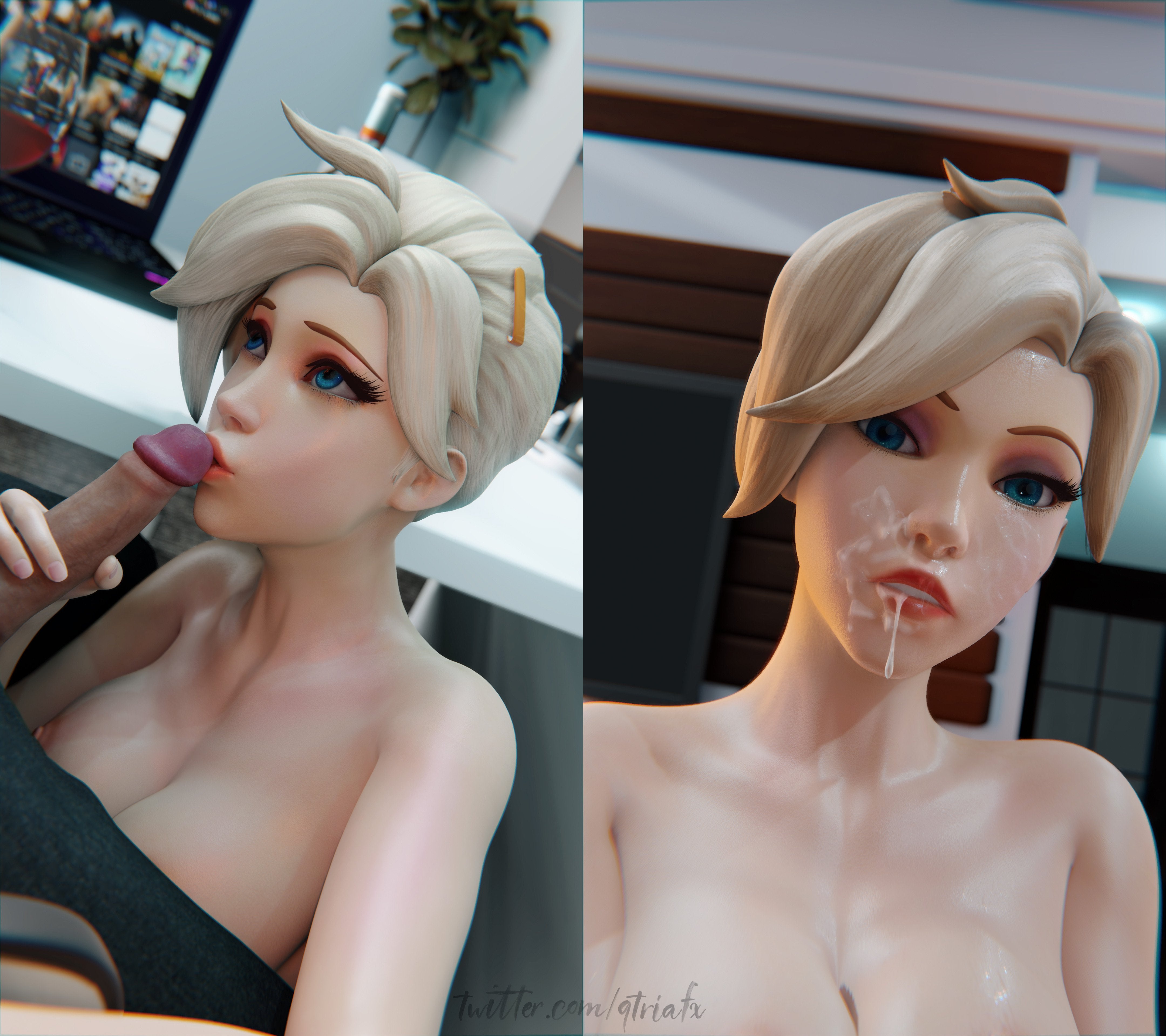 1boy, 1girls, 3d, after oral, angela ziegler, big breasts, blender, blonde hair, blue eyes, breasts, breasts out, cum, cum on face, cute, doctor, faceless male, female, kissing, kissing penis, male, mercy, naughty face, oral, out of frame, overwatch, penis, penis kiss, ponytail, qtria, swiss