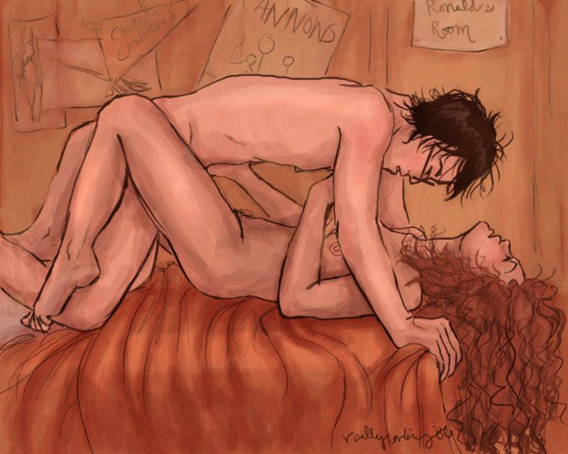 1boy 1girls bed bedroom bedsheets black_hair breasts brown_hair brunette cheating closed_eyes curly_hair female glasses hair harry_and_hermione harry_james_potter harry_potter head_back hermione_granger long_hair lying lying_down lying_on_back lying_on_bed male male_and_female_focus missionary missionary_position naked nipples nude on_back on_bed poster_(object) pubic_hair reallycorking romantic sex short_hair straight teenager the_burrow wholesome