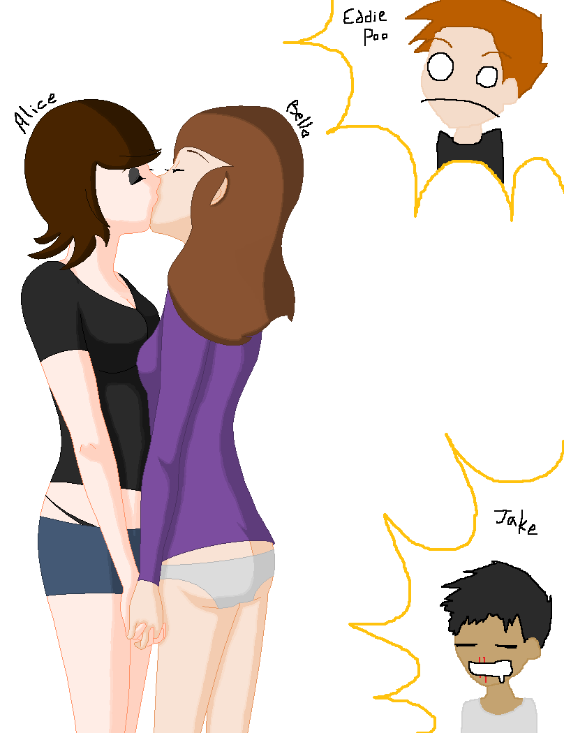 2boys 2girls alice_cullen artist_request bella_swan brown_hair closed_eyes edward_cullen female jacob_black kissing long_hair male nosebleed short_hair the_twilight_saga white_background yuri