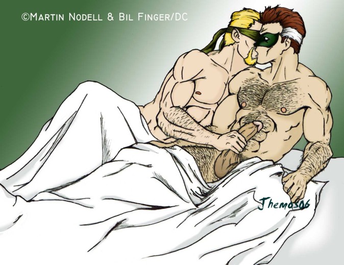 2boys abs beard blonde_hair brown_hair circumcised dc facial_hair gay green_arrow green_arrow_(series) green_lantern hairy_chest hal_jordan handjob holding_penis in_bed jhemos justice_league kissing large_penis legs_apart male male_only mask masturbating_other mustache nude oliver_queen pecs two_tone_hair white_hair yaoi