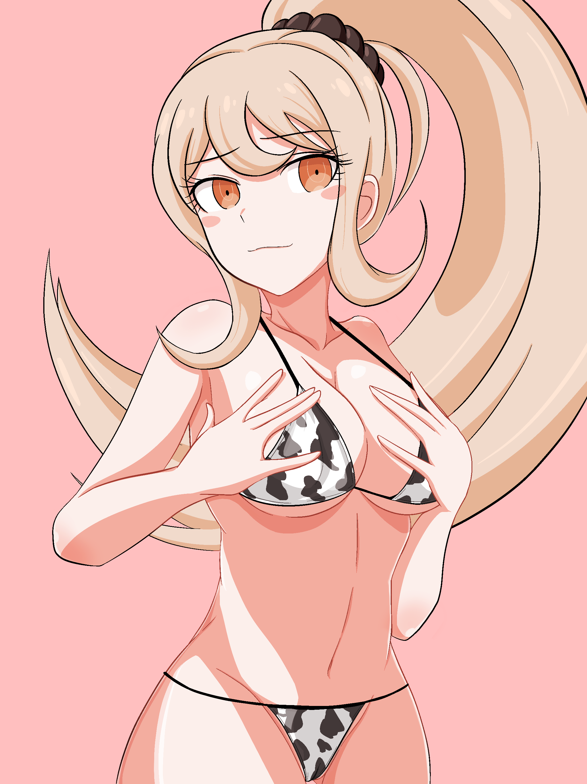 1girls, bra, breasts, cow print, danganronpa, danganronpa 2: goodbye despair, female, hands on breasts, milliani, panties, saionji hiyoko, small breasts, straight hair