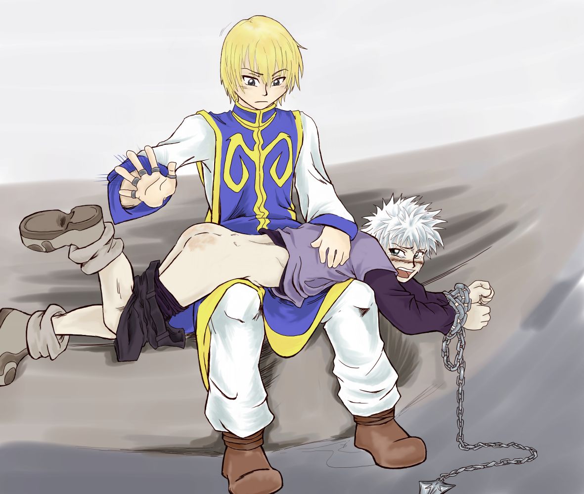 2boys, blonde hair, blonde-haired male, blush, blushing, boots, chained wrists, handprint, hunter x hunter, killua zoldyck, kurapika, laying on stomach, male, male on male, male only, pants down, punishment, punishment spanking, red ass, silver hair, spanking, teenage male, teenager, white hair