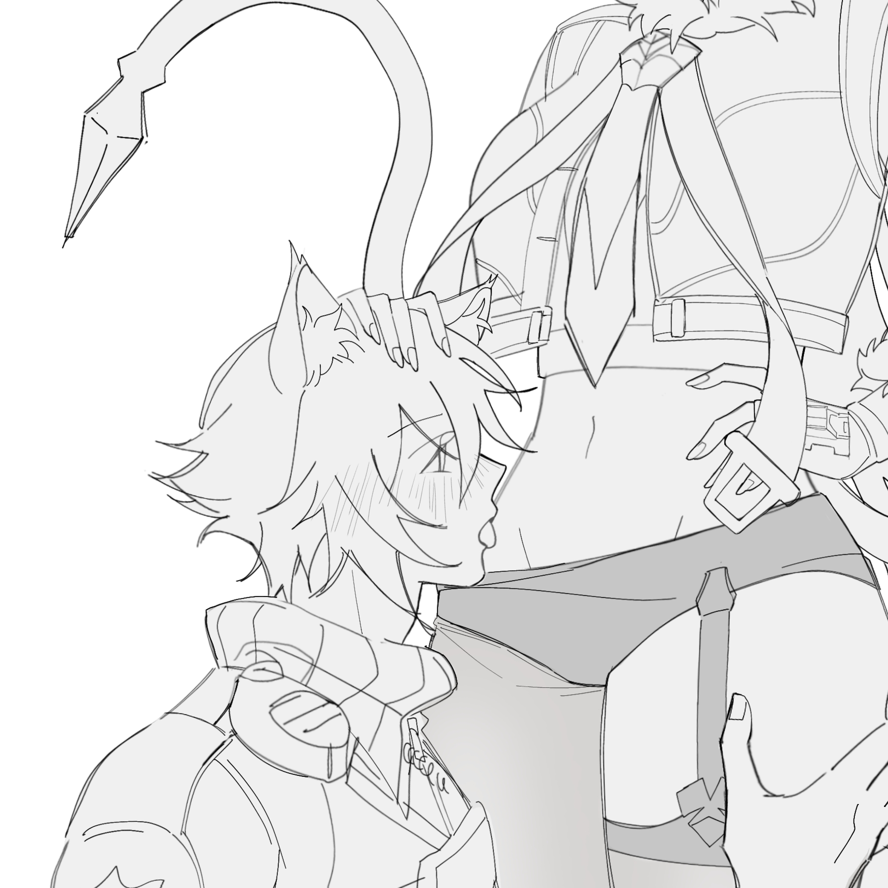 1boy, 1girls, abs, bibi11ebi, black and white, blush, cat boy, cat ears, female, greyscale, hand on head, hand on thigh, jane doe (zenless zone zero), licking, line art, male, male focus, rat tail, seth lowell, sketch, straight, torn clothes, zenless zone zero