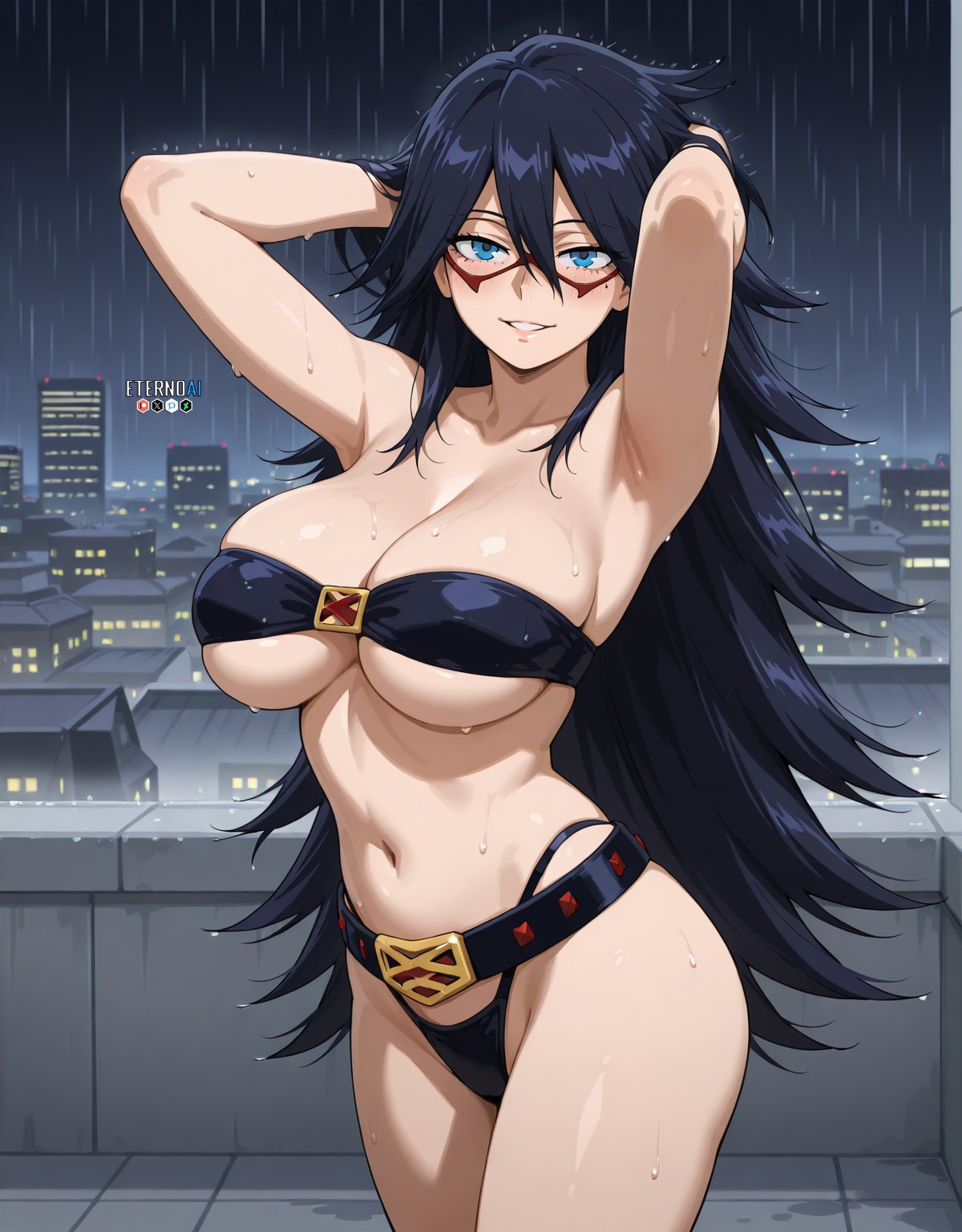 1girls, ai generated, alternate version available, big breasts, blue eyes, boku no hero academia, breasts, ecchi, eternoai, female, hands behind head, long hair, looking at viewer, midnight (my hero academia), my hero academia, nemuri kayama, nipple covered, no bra, panties, sagging breasts, seductive, seductive look, solo, superhero mask, superheroine, thong, watermark