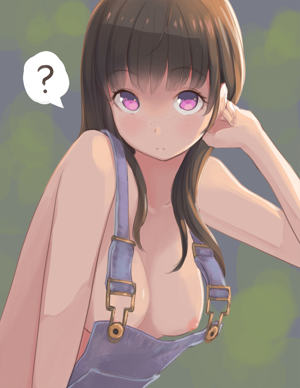 1girls ? accidental_exposure areolae bangs black_hair breasts brown_hair cute dark_hair female freckles hair_behind_ear hand_on_own_head highres kuroshiro00 light-skinned_female light_skin long_hair looking_at_viewer looking_to_the_side medium_breasts medium_hair naked_overalls nipple_slip nipples original overalls pink_eyes purple_eyes shy solo speech_bubble straight_hair teenage unaware violet_eyes