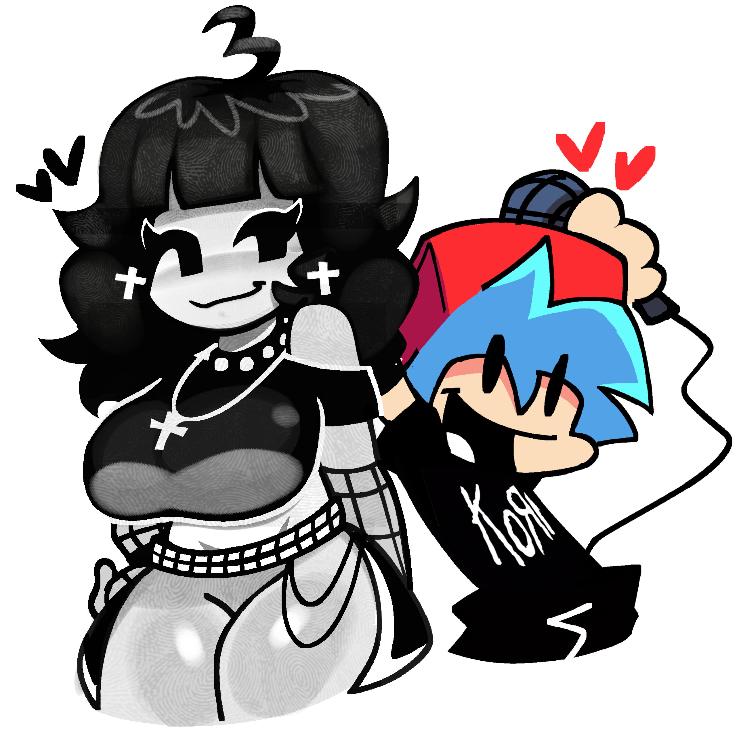 1boy, 1girls, boyfriend (friday night funkin), canon couple, cheering, female, friday night funkin, girlfriend (friday night funkin), goth girl, guitargirlsuyak, heart, male, poser boyfriend, source deleted, source removed