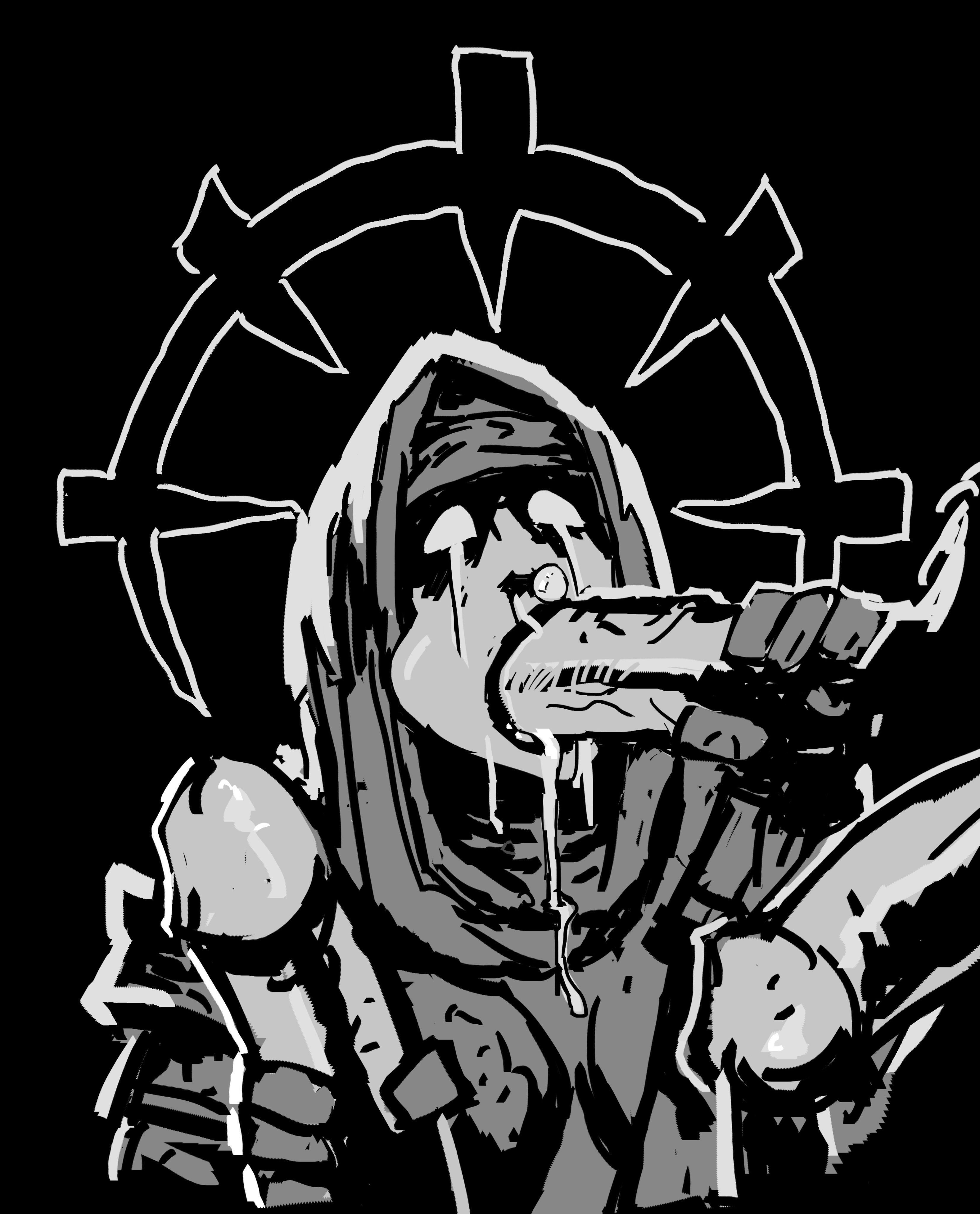 1girls, 2025, 3boys, armor, big breasts, blowjob, breasts, breasts out, cloak, cum, cum in mouth, cum inside, darkest dungeon, fellatio, female, hi res, justsomenoob, male, male/female, monochrome, nun, nun outfit, topless, vestal (darkest dungeon), white eyes