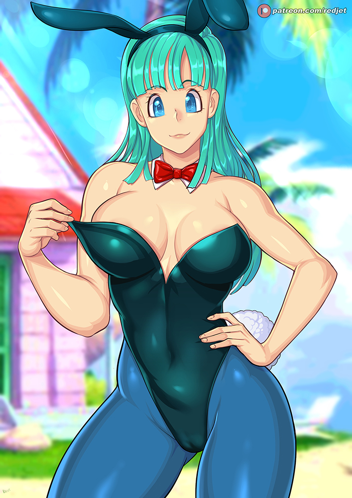 1girls areola_slip areolae bare_shoulders big_breasts black_leotard blue_eyes blue_hair bowtie breasts bulma_(bunny) bulma_briefs bunny_ears bunny_girl bunny_tail bunnysuit cameltoe cleavage clothed clothing day detailed_background digital_media_(artwork) dragon_ball dragon_ball_(classic) exposed_breasts eyebrows_visible_through_hair eyelashes female female_only hand_on_hip headwear hi_res kame_house large_breasts latex leggings leotard light-skinned_female light_blue_hair light_skin long_hair looking_at_viewer neckerchief outdoors outside pantyhose pose redjet standing teenager tight_clothing watermark wide_eyed