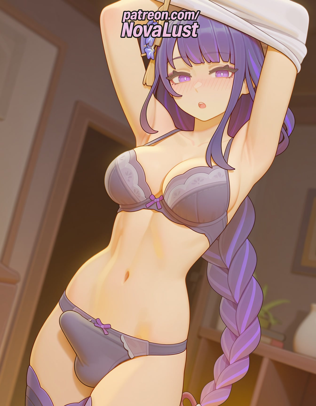 1boy, 1futa, 2025, ai generated, armpits, arms up, artist name, balls, blurry, blush, bra, braid, bulge, futanari, genshin impact, hi res, high quality, high resolution, highres, intersex, long hair, male, male focus, navel, novalust, otoko no ko, panties, patreon, patreon username, purple eyes, purple hair, purple panties, raiden shogun, single braid, solo, stable diffusion, testicles, thighhighs, underwear, watermark