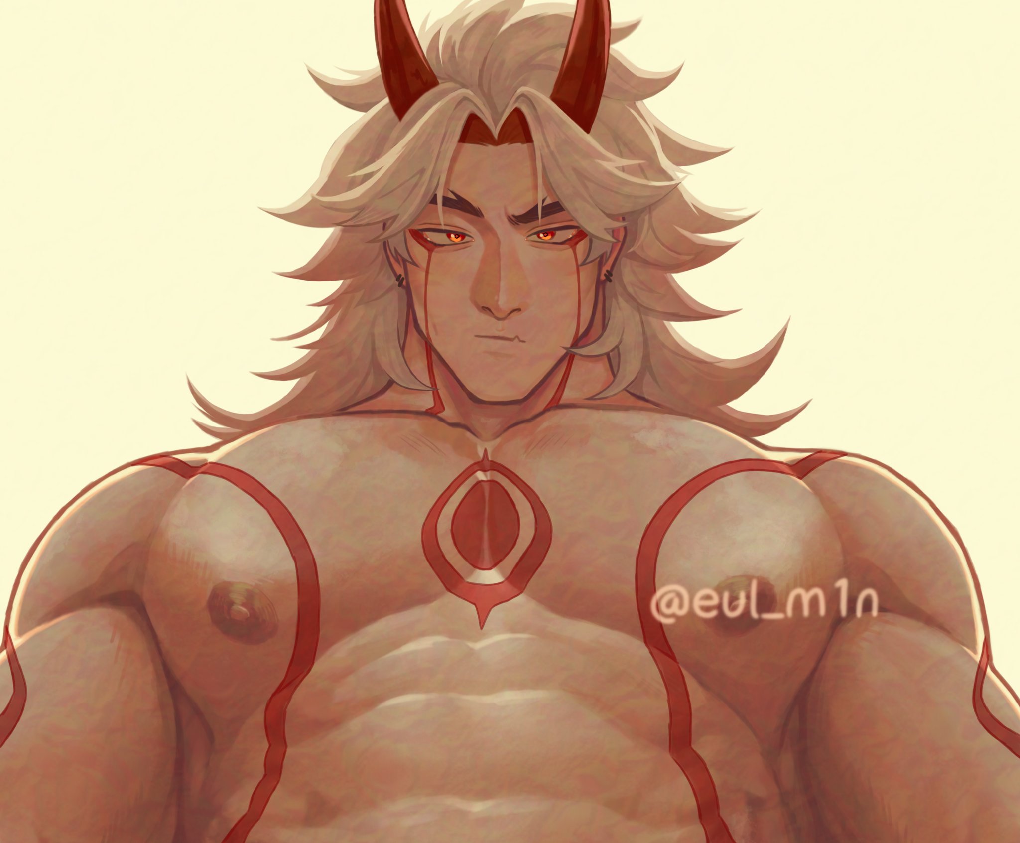 arataki itto, demon, eul m1n, genshin impact, male, male only, naked, oni, oni horns, pectoral focus, pectorals, red horns, red tattoo, shirt, shirtless, solo, tagme, tattoo