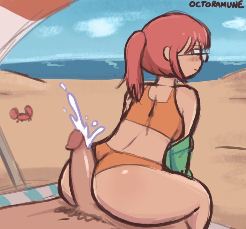 1boy, 1girls, ass, assjob, beach, beach sex, beach umbrella, blush, buttjob, crab, cum, female, glasses, kobayashi, looking back, male, miss kobayashi's dragon maid, octoramune, penis, pink hair, two piece swimsuit