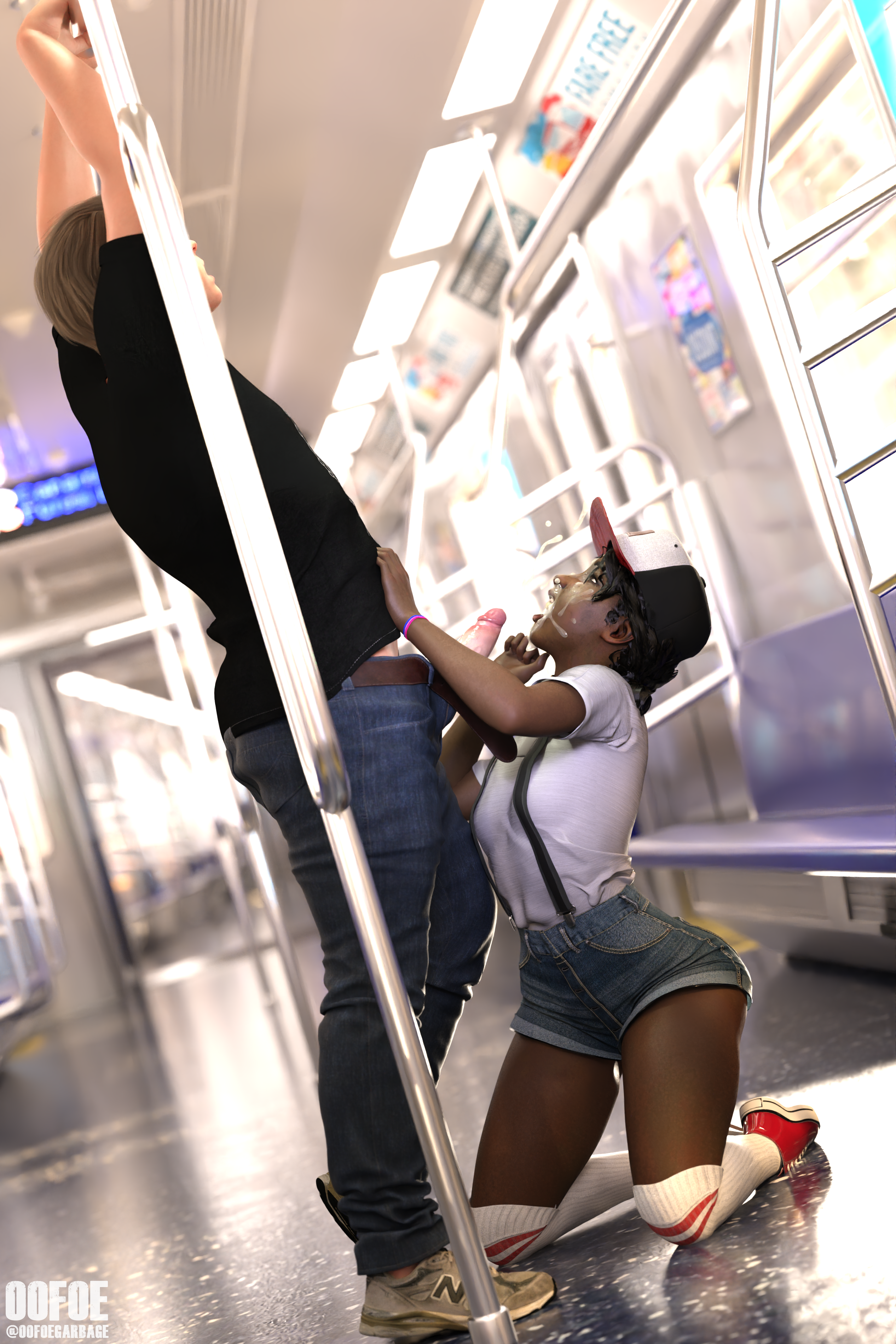 1boy, 1boy1girl, 1girls, 3d, 3d (artwork), 3d model, 3d render, after fellatio, after oral, bare thighs, baseball cap, black hair, breasts, brown hair, clementine (the walking dead), clothed, clothed sex, clothing, cock, cum, cum in mouth, cum on face, cumshot, dark skin, dark-skinned female, dark-skinned sub, daz studio, ejaculation, eyeless male, faceless male, fellatio, female, footwear, hat, headwear, hips, interracial, kneeling, kneeling oral position, kneesocks, large penis, light skin, light-skinned male, male, male/female, medium breasts, on knees, oofoe, open mouth, oral, oral sex, orgasm, penis, petite, shorts, sneakers, socks, straight, subway, subway train, suspenders, the walking dead, the walking dead game, thick thighs, thighs, train, train interior