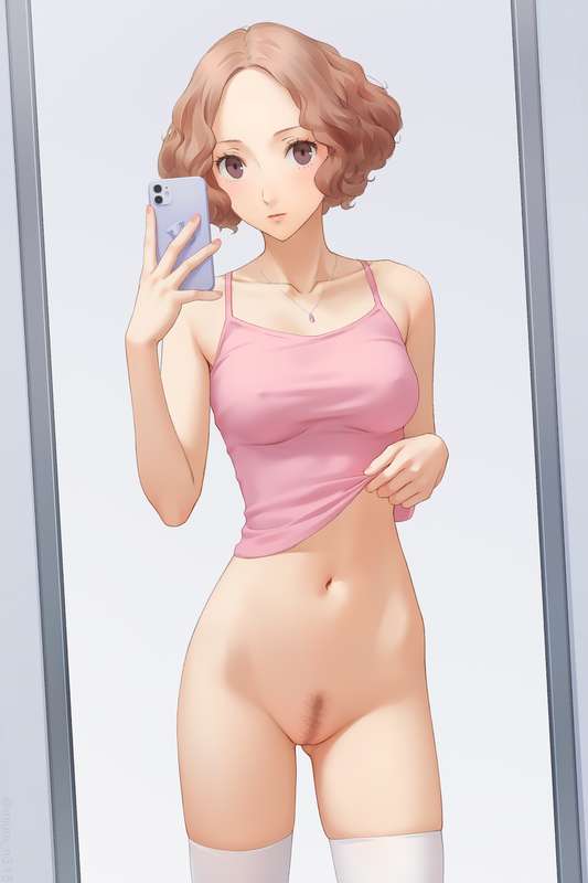 haru okumura, landing strip, looking at viewer, mirror, mirror reflection, mirror selfie, miura-n315, nipple bulge, no bra, no panties, okumura haru, persona, persona 5, pubic hair, selfie, short hair, skinny, tank top, tank top lift, white body