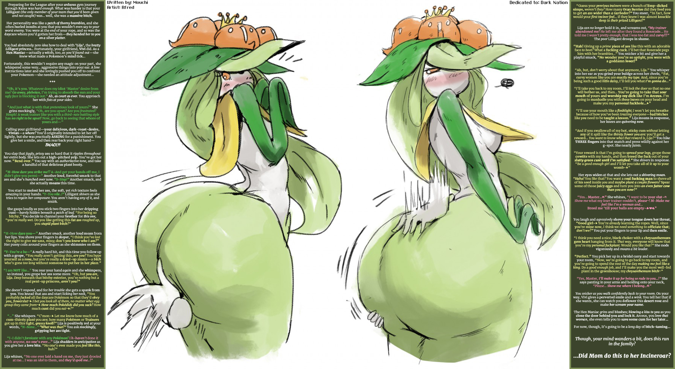2025, 5 fingers, ass, big ass, blush, breasts, butt grab, caption, dialogue, duo, elemental creature, female, femsub, fingers, flora fauna, hand on butt, heart, huge butt, human, humanoid, interspecies, lilligant, male, male female, master, monster girl, mouchi (captioner), nintendo, orange eyes, plant, pokemon, pokemon (species), redblacktac, romance, shortstack, simple background, slap, solo focus, spanking, submissive, text, video games, virgin, white background