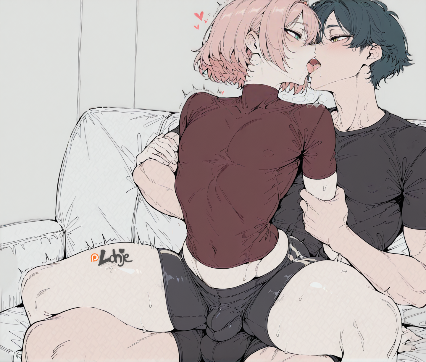 2boys, ai generated, bulge, civitai, couch, covered nipples, deep kissing, femboy, grey background, kissing, lohje, male, pale skin, shirt, shorts, sitting on lap, sitting on person, teeth, thick thighs, tongue