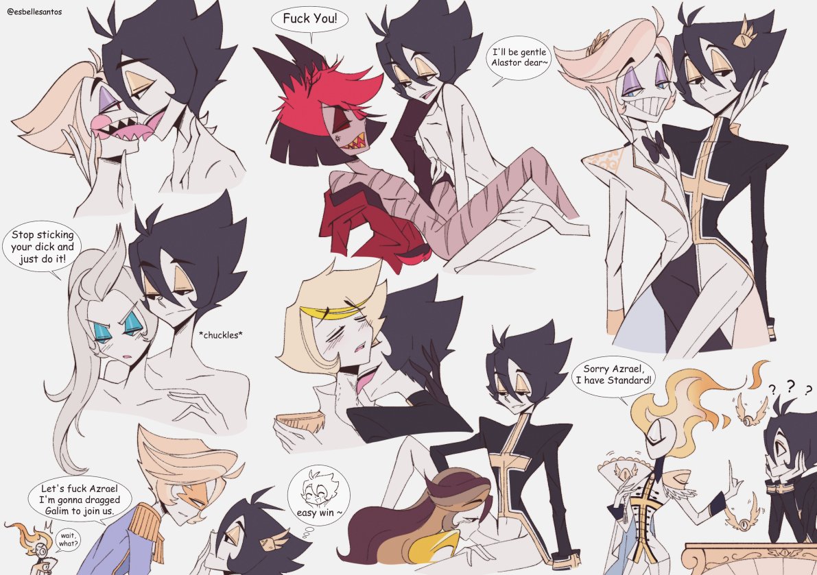 alastor (hazbin hotel), angel, archangel, azrael, azrael (hazbin hotel), blowjob, cassius, cassius (hazbin hotel), deer, demon, esbellesantos, fellatio, fluffy ears, fluffy tail, gabriel, gabriel (hazbin hotel), gay, gay sex, hazbin hotel, horns, incest, joel, joel (hazbin hotel), kissing, leroy, leroy (hazbin hotel), lucifer morningstar (hazbin hotel), male, michael (hazbin hotel), michael morningstar (hazbin hotel), neck bite, neck kiss, nude, orgy, penis, scars, scars all over, seraphic sins, seraphim, sucking penis, tongue