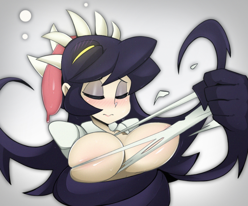 1girls, 2d, black hair, blush, breasts, destroyed clothing, female, filia (skullgirls), imdrowsy16, large breasts, long hair, samson (skullgirls), school uniform, skullgirls, tagme, tongue out