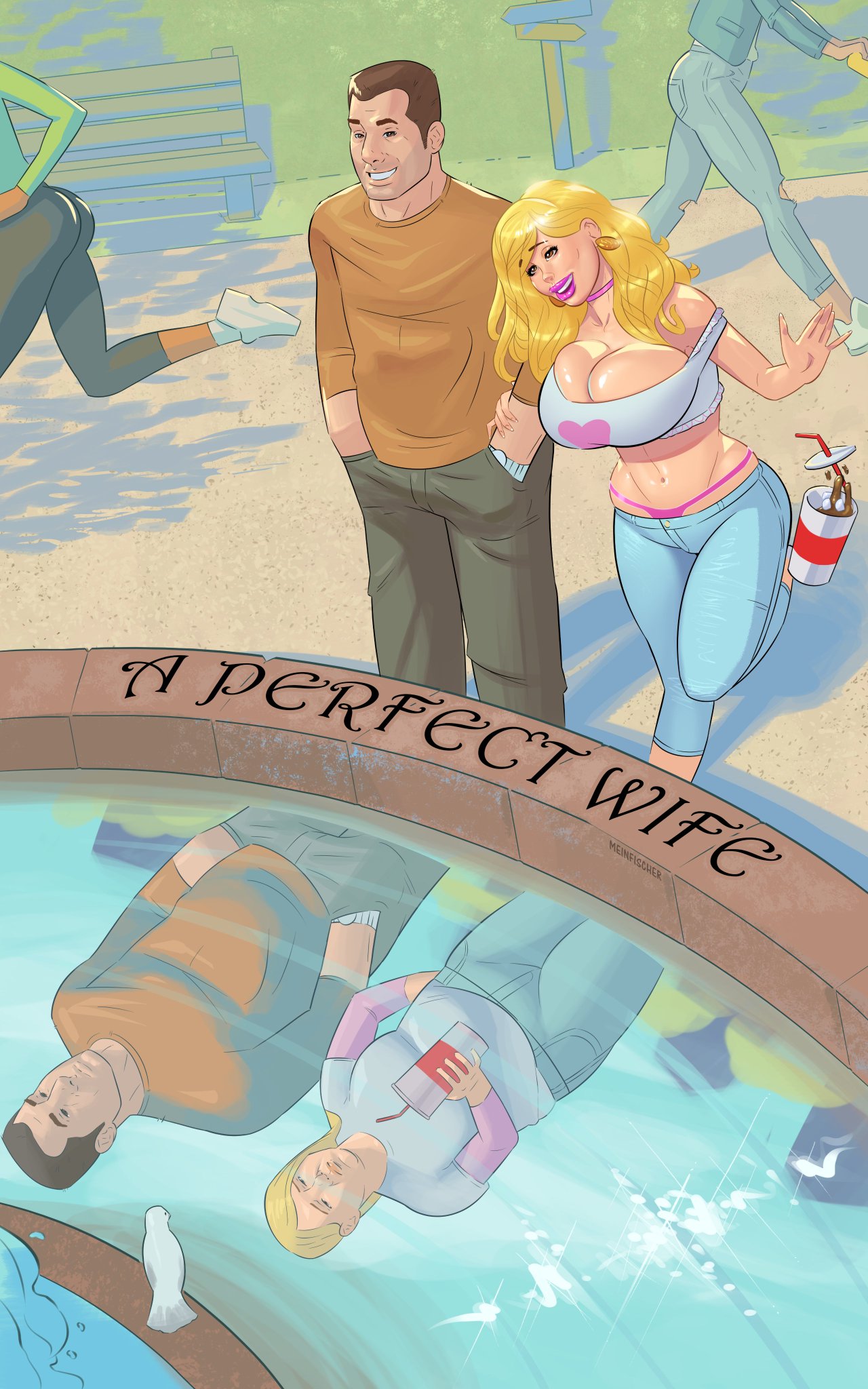1boy, 1girls, alternate version available, bimbo, bimbofication, blonde hair, breasts, brown eyes, busty, clothing, commission, curvy, female, hourglass figure, large breasts, legs, lips, lipstick, male, meinfischer, panties, pink lips, pink lipstick, straight, thick legs, thick lips, thick thighs, thighs, thong, voluptuous
