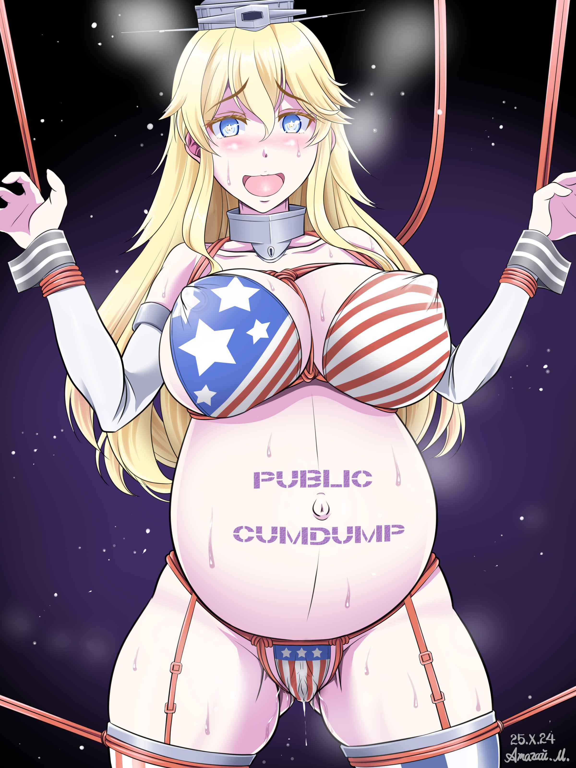 1girls, american flag bikini, atagawa, blonde hair, body writing, bondage, breasts, erect nipples under clothes, female, huge breasts, iowa (kantai collection), kantai collection, large breasts, long hair, navel, pregnant, prostitute, prostitution, simple background, star-shaped pupils
