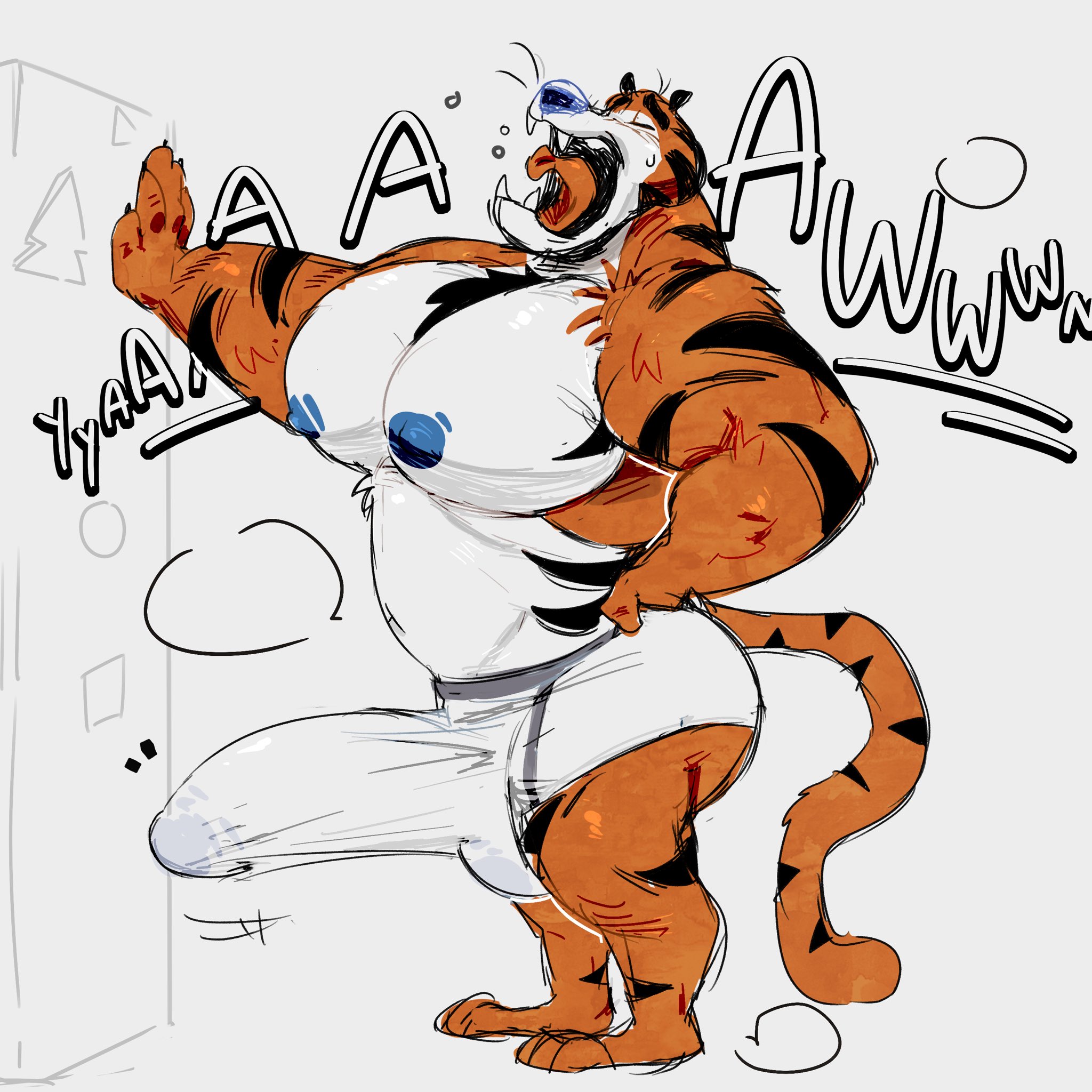 1boy, akachionmain, anthro, ass, bara, big bulge, big butt, big muscles, big pecs, big penis, blue nipples, blue nose, boner, briefs, bulge, clothed, clothing, erection, erection under clothes, fangs, felid, frosted flakes, genitals, hi res, huge bulge, huge cock, huge pecs, huge penis, hyper, hyper genitalia, hyper penis, kellogg's, male, male only, mammal, mascot, morning erection, musclegut, muscles, muscular, muscular anthro, muscular male, nipples, open mouth, pantherine, pecs, penis, sketch, solo, tagme, teeth, tenting, tiger, tighty whities, tony the tiger, underwear, underwear only, waking up, white briefs, white clothing, white underwear, yawn