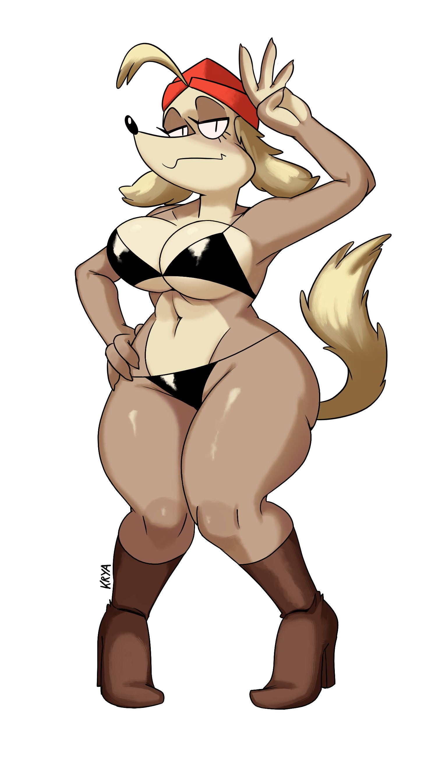 absurd res, anthro, armpits, big breasts, bikini, black bikini, black clothing, black eyes, black nose, black swimwear, boots, breasts, brown body, brown boots, brown clothing, brown footwear, brown fur, canid, canine, canis, clothing, cuphead (game), domestic dog, eyelashes, female, floppy ears, footwear, front view, fur, hand on hip, hat, headgear, headwear, hi res, hunting dog, kryadrawgin, looking at viewer, lop ears, mammal, military hat, navel, pilot saluki (cuphead), pupils, red clothing, red hat, red headwear, saluki, sergeant o'fera, shoes, sighthound, simple background, slit pupils, solo, swimwear, tan body, tan fur, thick thighs, two-piece swimsuit, white background, wide hips