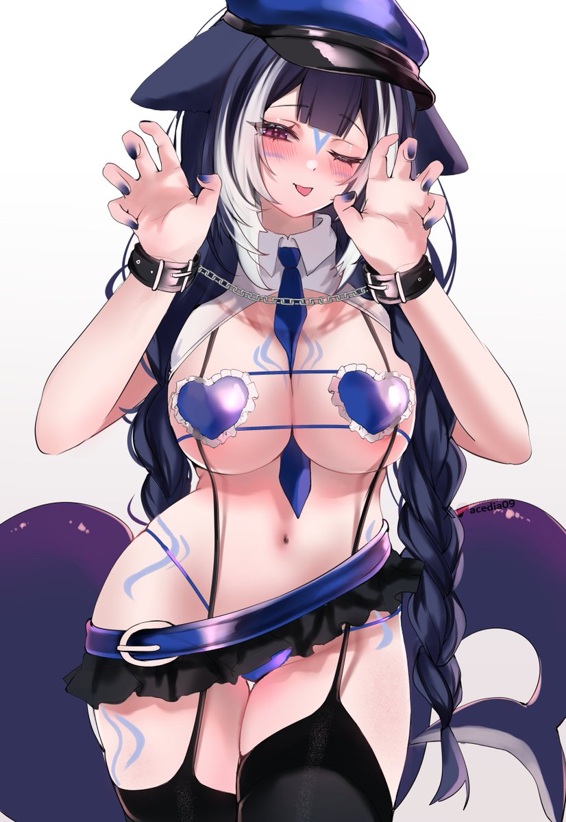 1girls, acedia, belly button, black hair, blue necktie, bondage, breasts, clothed, clothing, female, female only, handcuffed, handcuffs, hat, huge breasts, indie virtual youtuber, light skin, light-skinned female, necktie, necktie between breasts, one eye closed, orca girl, orca tail, pink eye, police hat, policewoman, revealing clothes, seductive, shylily, solo, tail, tongue, virtual youtuber