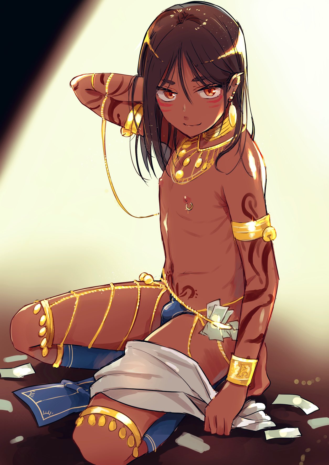 1boy, aobe mahito, aobmht, arm band, bedroom eyes, bulge, crossdressing, dancer, dark skin, dark-skinned femboy, dark-skinned male, dark-skinned sissy, dark-skinned twink, earrings, femboy, headband, headgear, jewelry, loincloth, looking at viewer, male, male only, markings, money, nipple piercing, otoko no ko, ponytail, pretty boy, sitting, sitting down, solo, solo male, trap