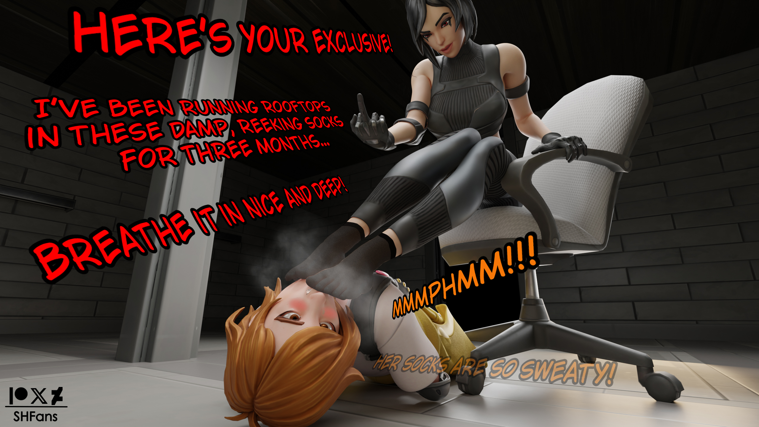 2girls, 3d, 3d (artwork), 3d model, 3d render, april o'neil, artist logo, artist name, artist signature, basement, black hair, blender, caption, captions, comic, comic page, deviantart, dirty feet, feet, feet fetish, feet focus, feet on face, feet smell, feet sniff, feet together, feet up, female, female focus, female only, femdom, floor, foot fetish, foot focus, foot lick, foot play, foot worship, footwear, fortnite, fortnite: battle royale, fuck you, gesture, humiliated, humiliating, humiliation, humiliation fetish, journalist, karai, kidnapped, laying on back, laying on floor, legs, lesbian sex, lezdom, middle finger, musk, musk clouds, musk fetish, musky, musky feet, ninja, patreon, patreon exclusive, patreon link, patreon logo, patreon url, patreon username, presenting, presenting feet, red eyes, red hair, sassy, shfans, shoes removed, sniffing, sniffing feet, sniffing musk, socks, sweat, sweatdrop, sweating, sweaty, sweaty body, sweaty feet, sweaty legs, teenage mutant ninja turtles, tmnt, torture, young, yuri