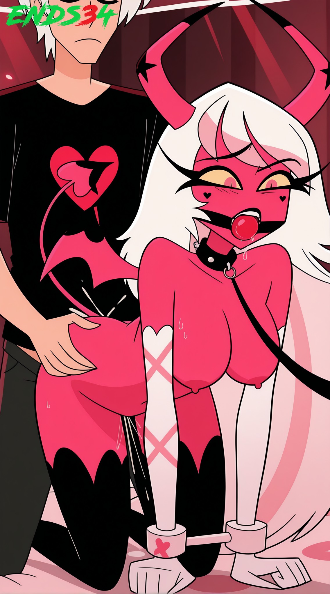 2025, ai generated, big breasts, bondage, breasts, demon girl, ends34, female, female focus, helluva boss, horns, male, succubus, thighhighs, verosika mayday (helluva boss)