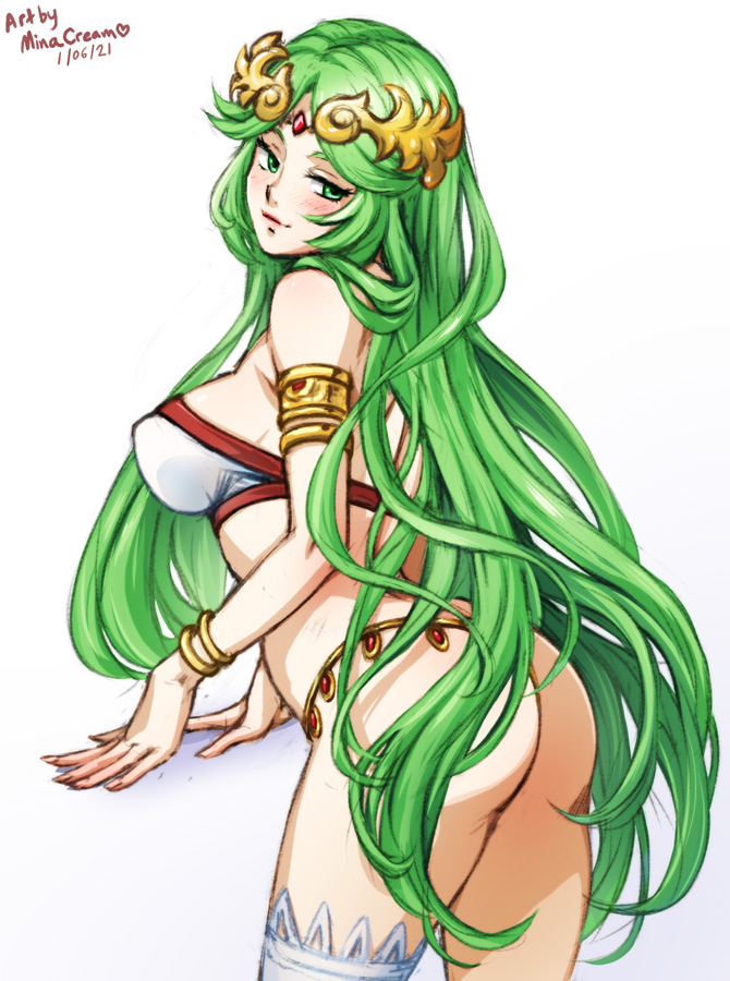 1girls, ass, back view, bare thighs, big ass, bottomless, bra, female, green eyes, green hair, kid icarus, long hair, looking back, minacream, nintendo, palutena, smile, solo, solo female, thighhighs, very long hair