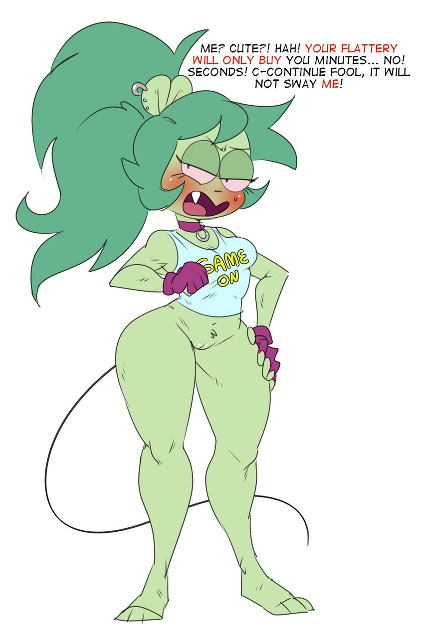 2021, adult fink, anthro, blush, bottomless, breasts, cartoon network, choker, clothed, clothing, cute fangs, ear piercing, ear ring, female, fingerless gloves, fink (ok k.o.! lbh), fink (ok k.o.! let's be heroes), fur, genitals, gloves, green body, green fur, green hair, hair, handwear, hi res, jewelry, looking away, mammal, mhdrawin, murid, murine, necklace, ok k.o.! let's be heroes, piercing, ponytail, pussy, rat, rodent, shirt, simple background, solo, tank top, thick thighs, topwear, tsundere, white background, wide hips