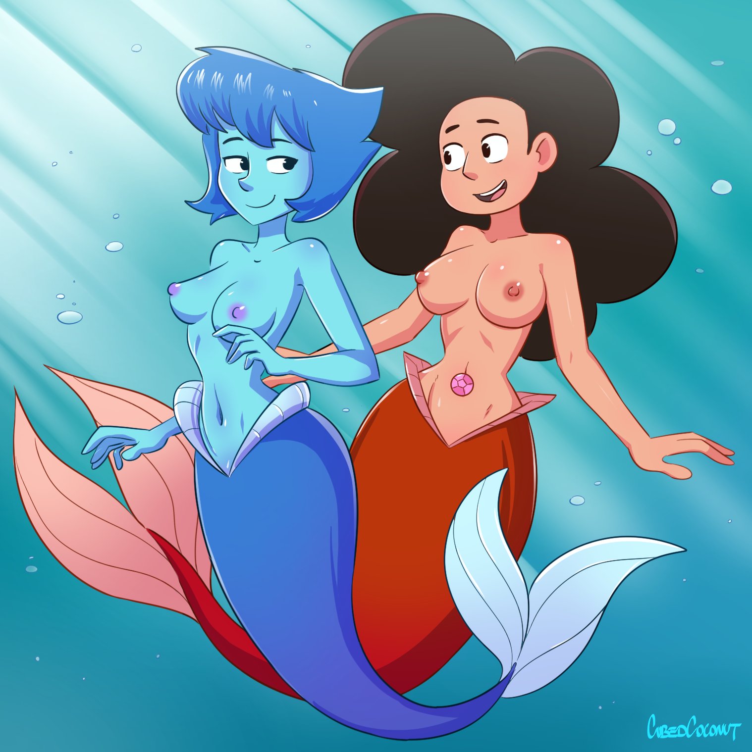 2girls, black hair, blue eyes, blue hair, blue scales, blue skin, breasts, brown eyes, cartoon network, casual, commission, cubedcoconut, female, female only, fusion, gem, gem (species), gem fusion, lapis lazuli (steven universe), merfolk, mermaid, multiple females, multiple girls, navel, nipples, open smile, red scales, short hair, smile, steven universe, stevonnie, topless, underwater, water