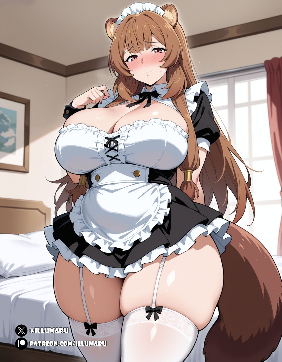 1girls, 2025, ai generated, alternate costume, animal ears, bangs, blush, breasts, brown hair, curvaceous, curvy, curvy body, curvy female, curvy figure, detailed, dress, embarrassed, eyebrows visible through hair, female, female focus, female only, hi res, illumaru, large breasts, long hair, maid, patreon username, plump, puffy sleeves, raccoon ears, raccoon tail, raphtalia, short sleeves, solo, stable diffusion, tail, tate no yuusha no nariagari, thick thighs, voluptuous, voluptuous female, wide hips