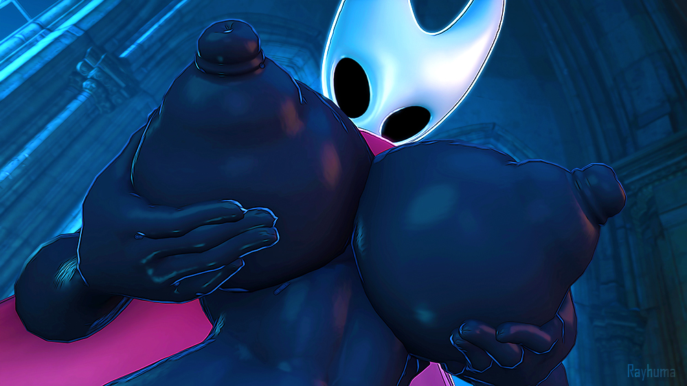 1girls, 3d, black body, breasts, female, holding breast, hollow knight, hollow knight: silksong, hornet (hollow knight), huge breasts, looking at viewer, rayhuma, solo, tagme