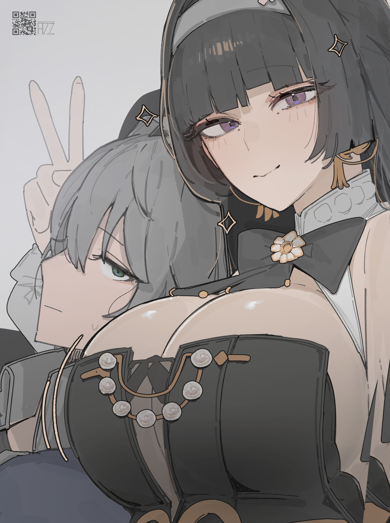 1girls, astra yao, astra yao (chandelier), azz0422, big breasts, black hair, breasts, commentary, female, female only, green eyes, grey hair, highres, large breasts, purple eyes, qr code, smile, symbol-only commentary, upper body, v, wise (zenless zone zero), zenless zone zero