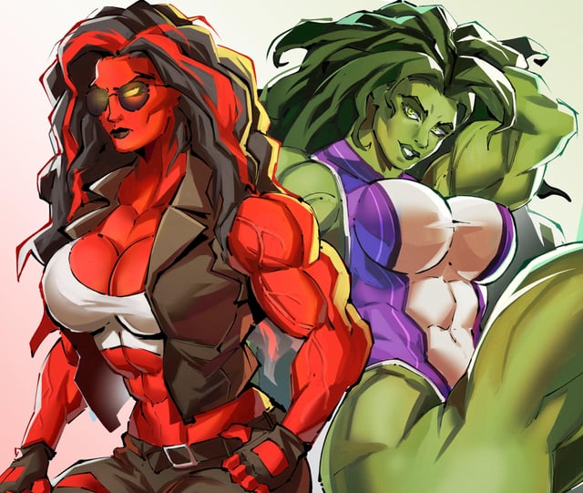 2d, 2d (artwork), 2d artwork, 2girls, abs, antiheroine, betty ross, biceps, big muscles, breasts, duo, female, fingerless gloves, green body, green eyes, green hair, green skin, jennifer walters, leotard, marvel, marvel comics, muscles, muscular, muscular female, only female, pants, red body, red she-hulk, red skin, she-hulk, sunglasses, superheroine, vest, whymete, yellow eyes